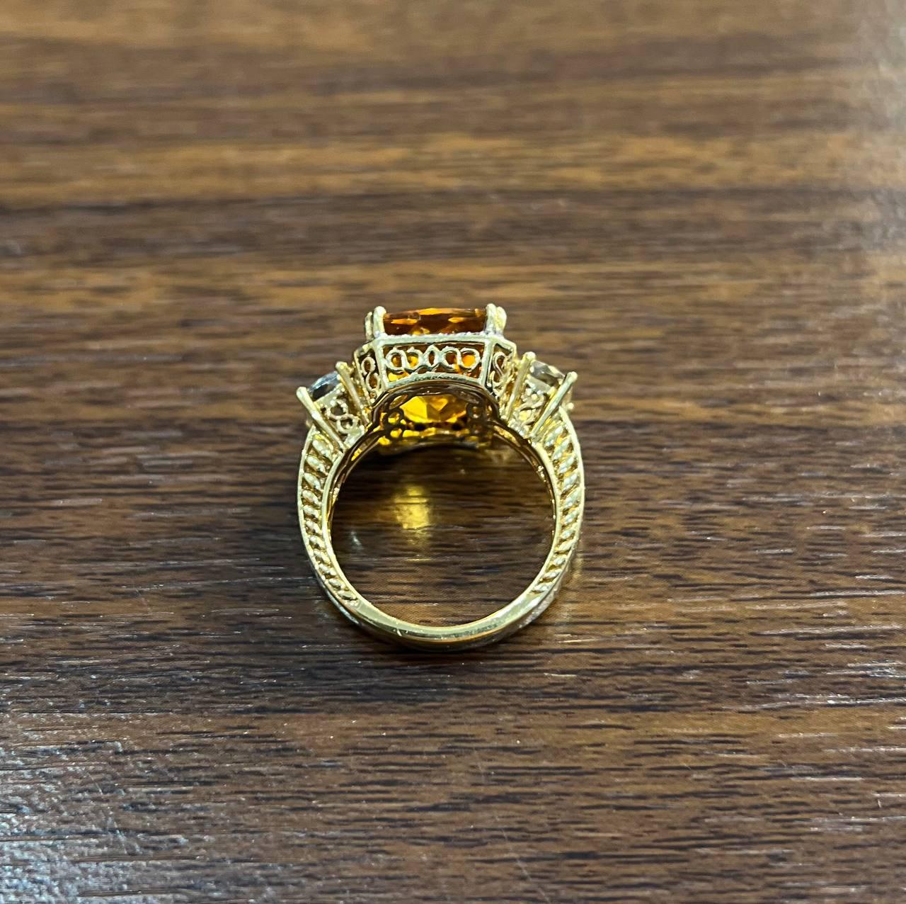 Rectangular Orange Citrine Diamond Halo Quartz Sides 18K Gold Statement Ring