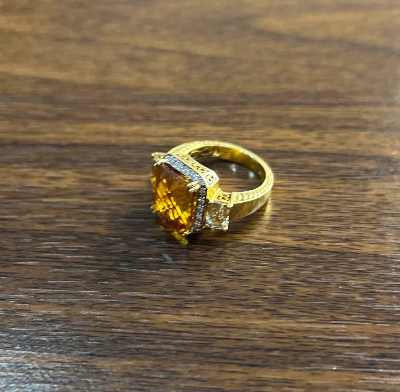 Rectangular Orange Citrine Diamond Halo Quartz Sides 18K Gold Statement Ring