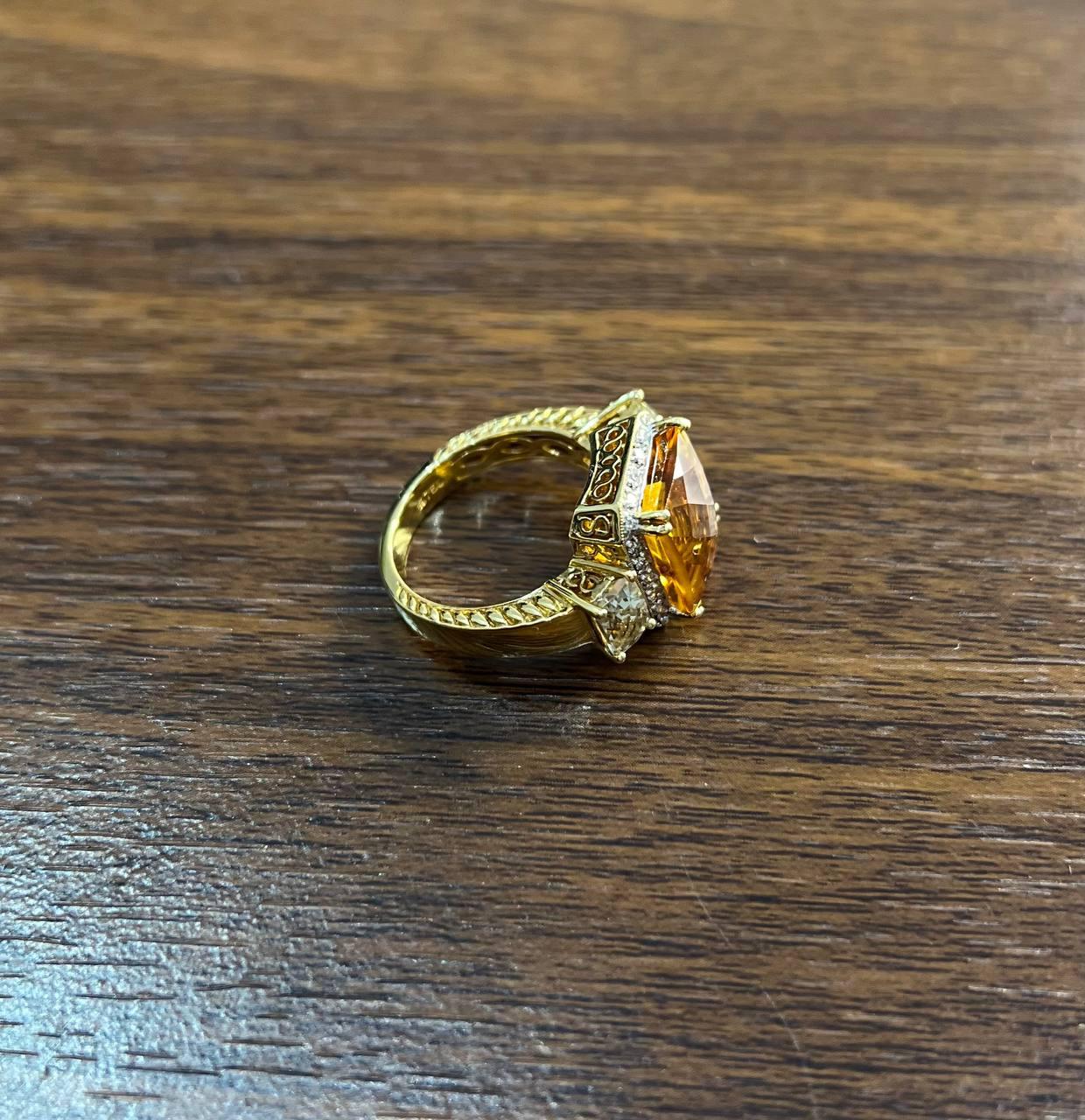 Rectangular Orange Citrine Diamond Halo Quartz Sides 18K Gold Statement Ring