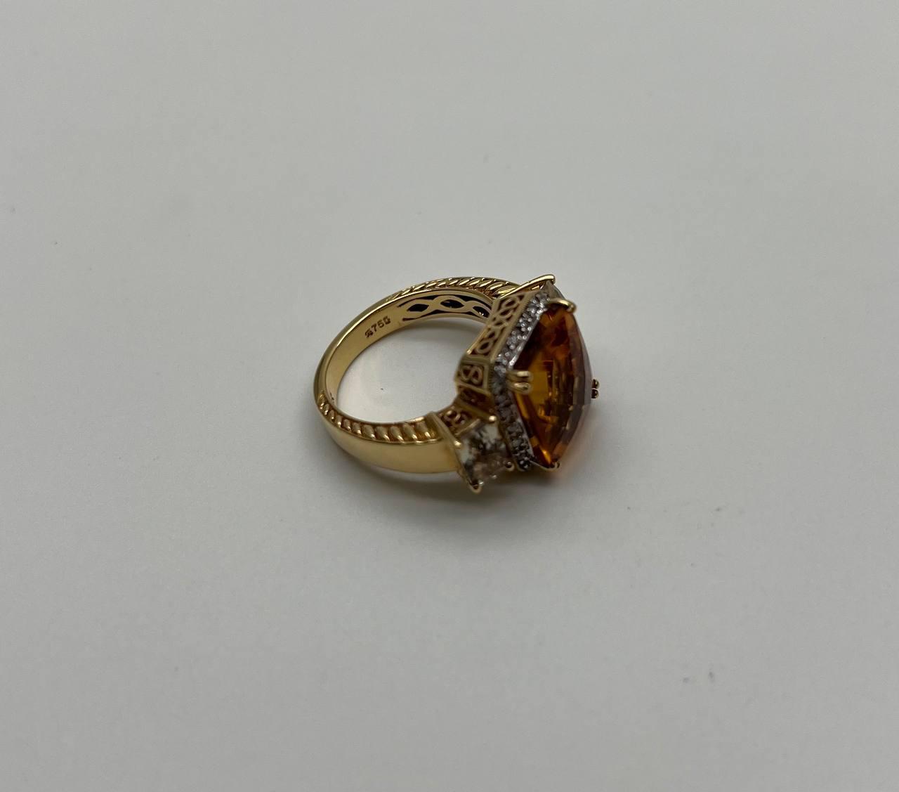 Rectangular Orange Citrine Diamond Halo Quartz Sides 18K Gold Statement Ring