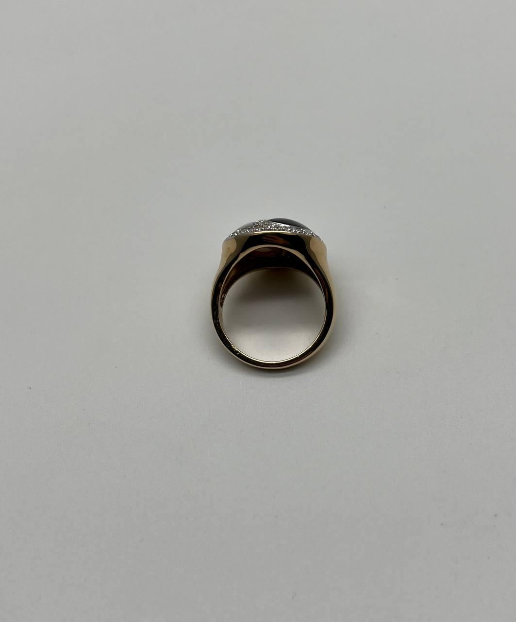 Black Onyx White Agate Yin Yang Motif White Diamond Halo 14K Gold Signet Ring