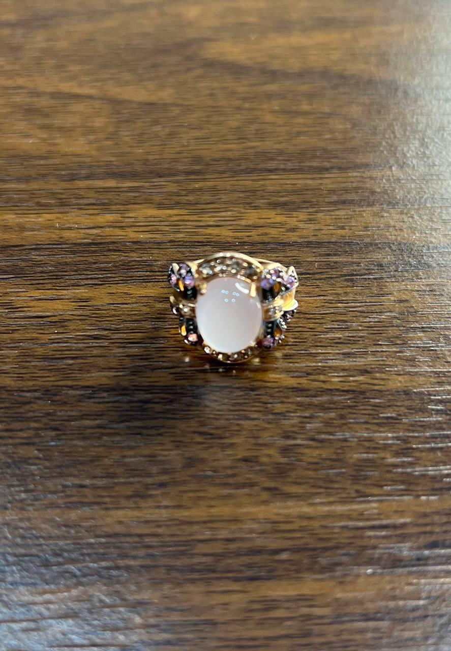 Oval Milky White Cabochon Agate Chalcedony Multi-Color Gemstone Gold Ring