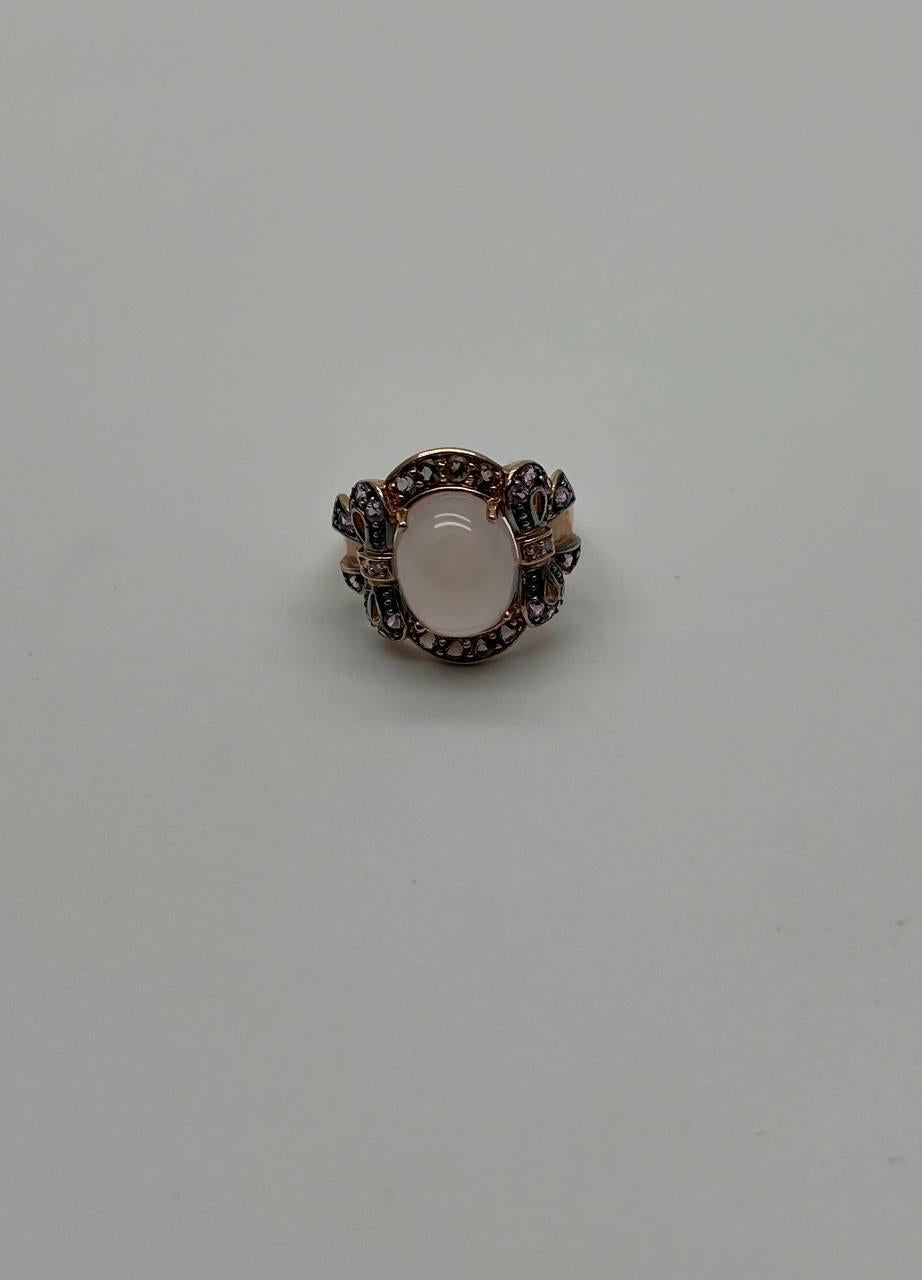 Oval Milky White Cabochon Agate Chalcedony Multi-Color Gemstone Gold Ring