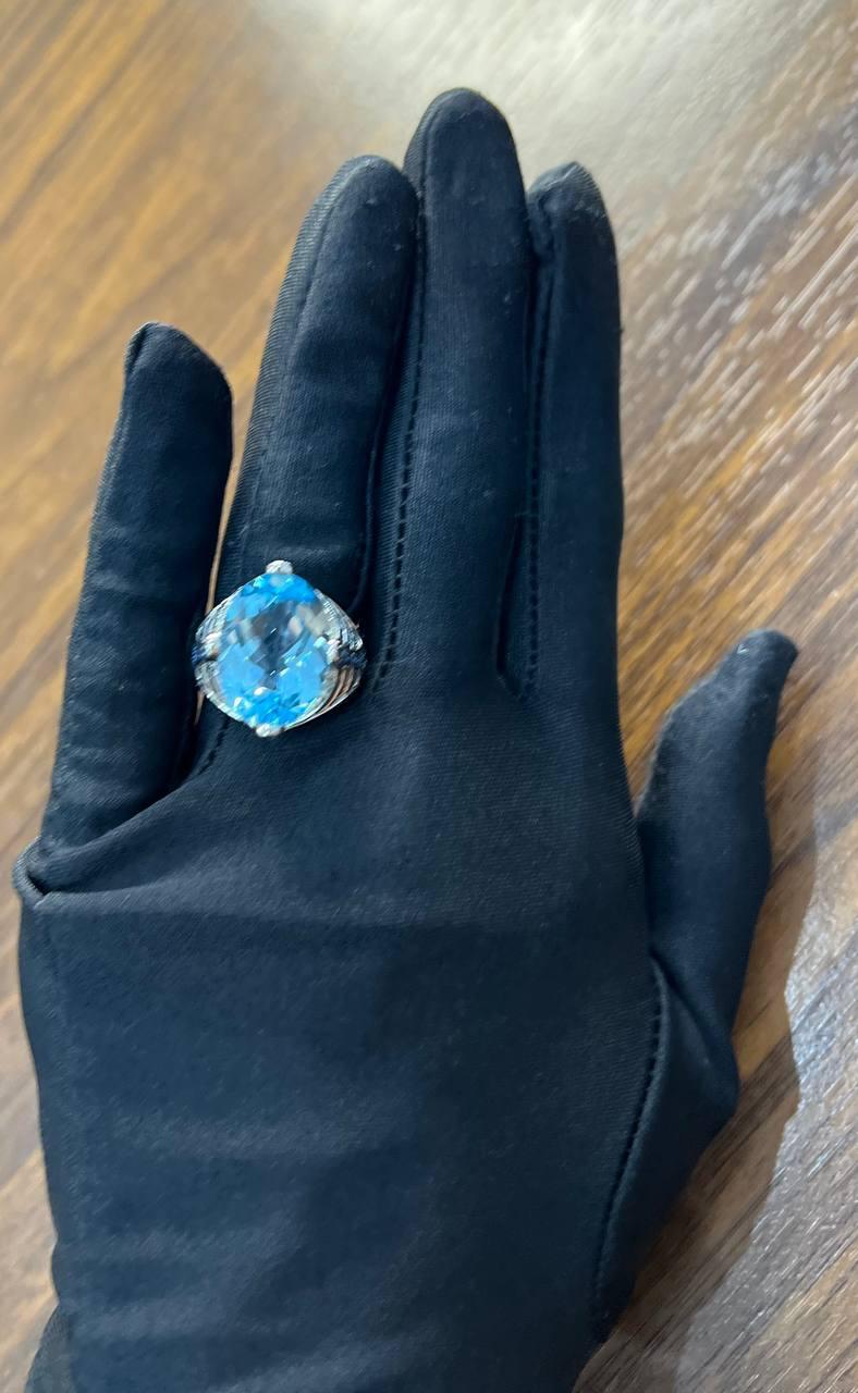 Oval Cut Blue Topaz Blue Sapphire White Diamonds Pave 14K White Gold Ring