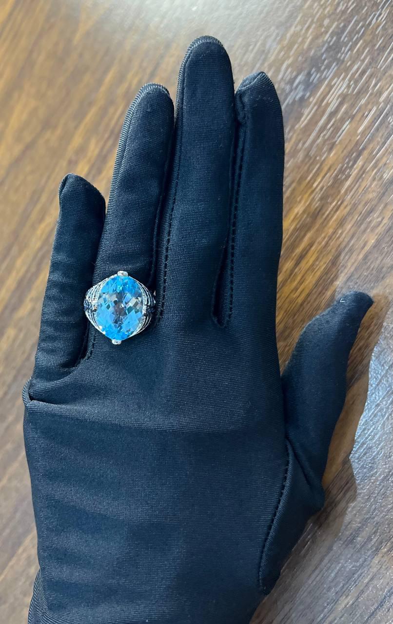 Oval Cut Blue Topaz Blue Sapphire White Diamonds Pave 14K White Gold Ring