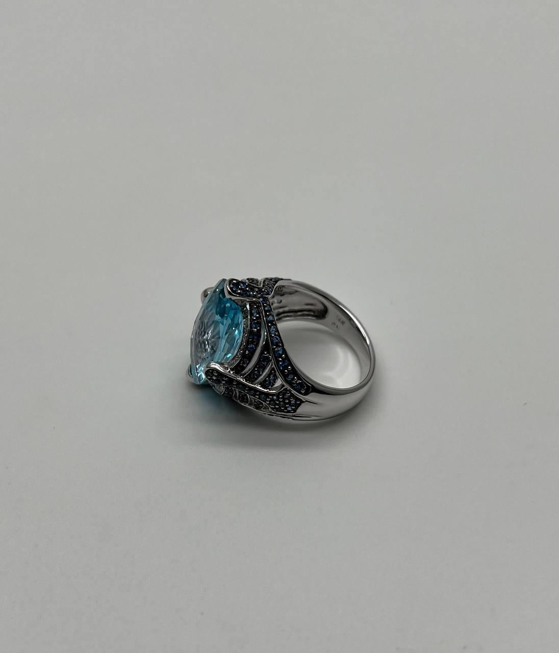 Oval Cut Blue Topaz Blue Sapphire White Diamonds Pave 14K White Gold Ring