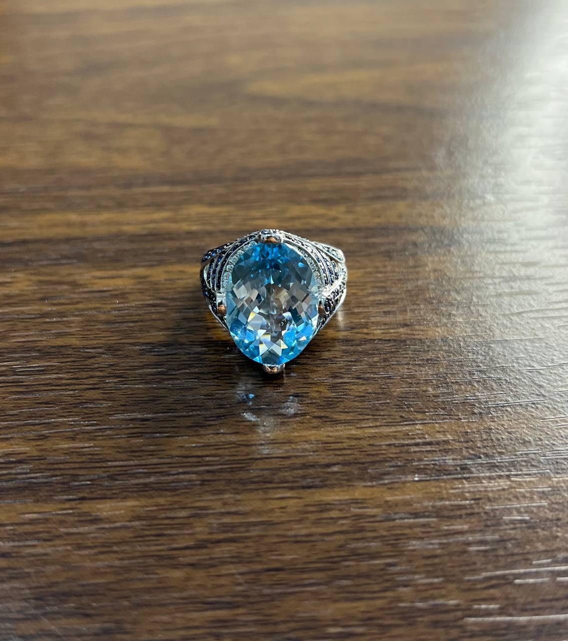 Oval Cut Blue Topaz Blue Sapphire White Diamonds Pave 14K White Gold Ring