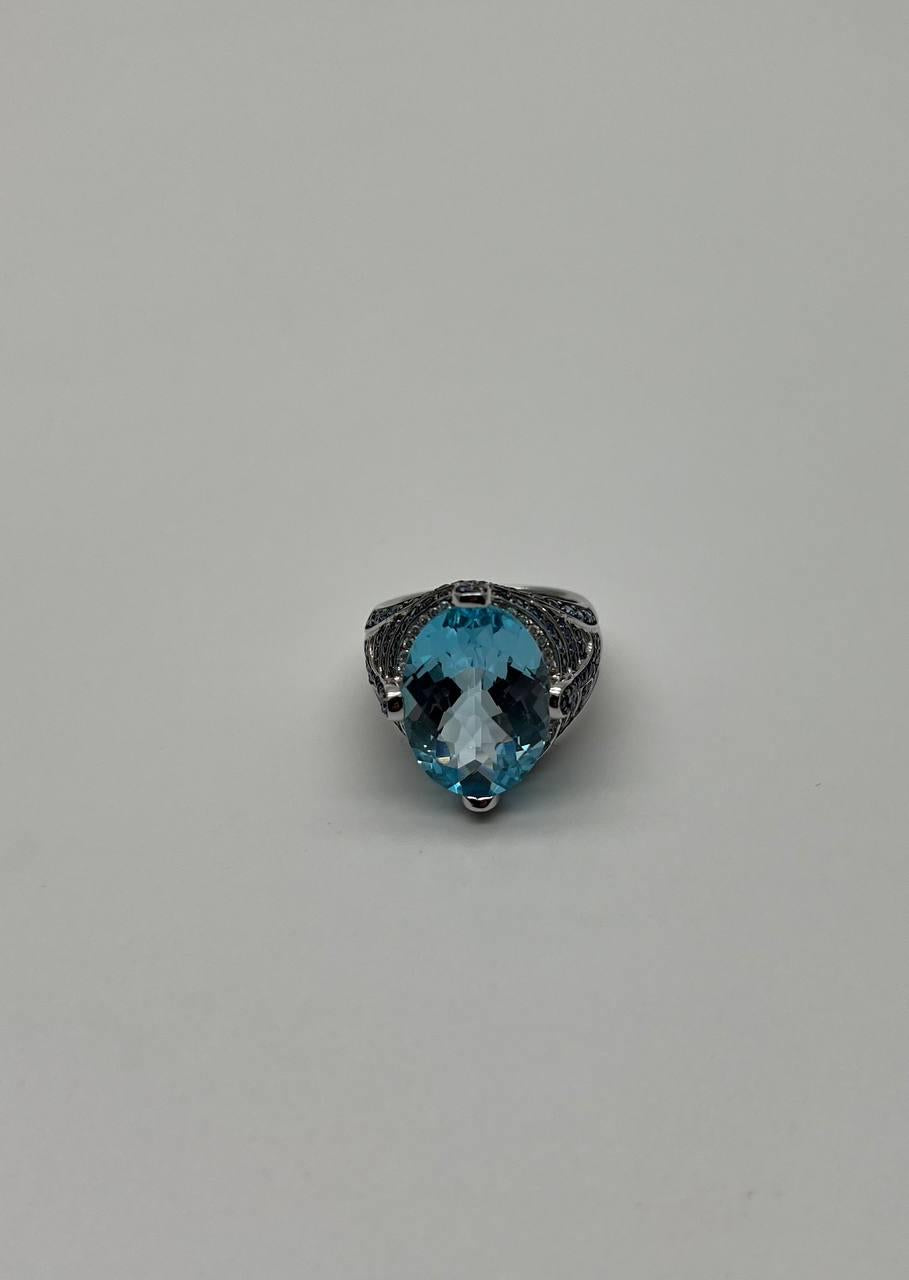 Oval Cut Blue Topaz Blue Sapphire White Diamonds Pave 14K White Gold Ring