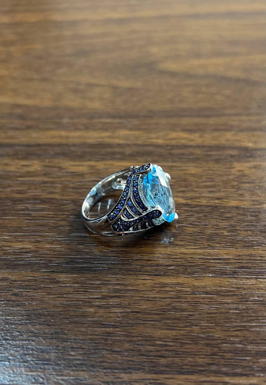 Oval Cut Blue Topaz Blue Sapphire White Diamonds Pave 14K White Gold Ring