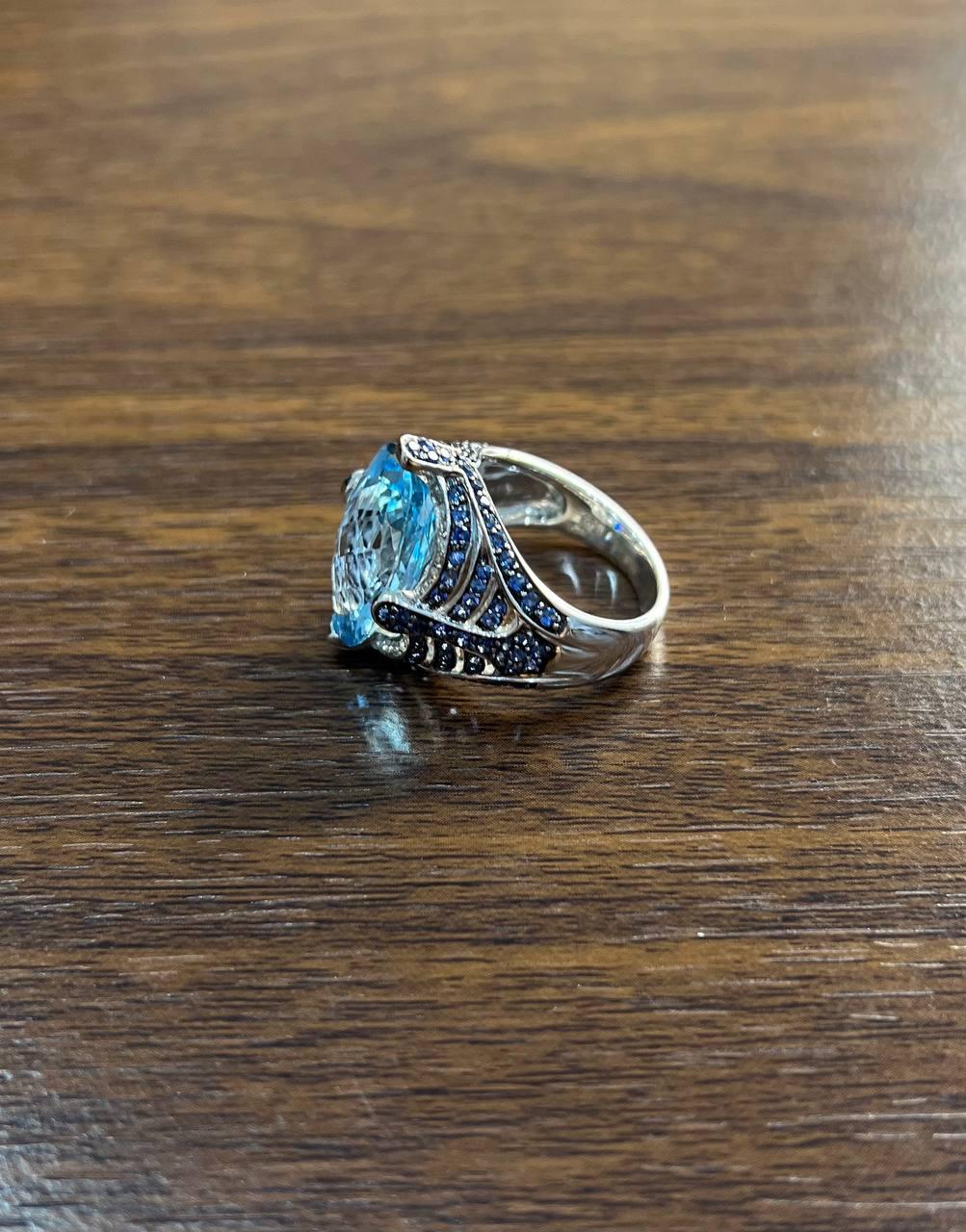 Oval Cut Blue Topaz Blue Sapphire White Diamonds Pave 14K White Gold Ring