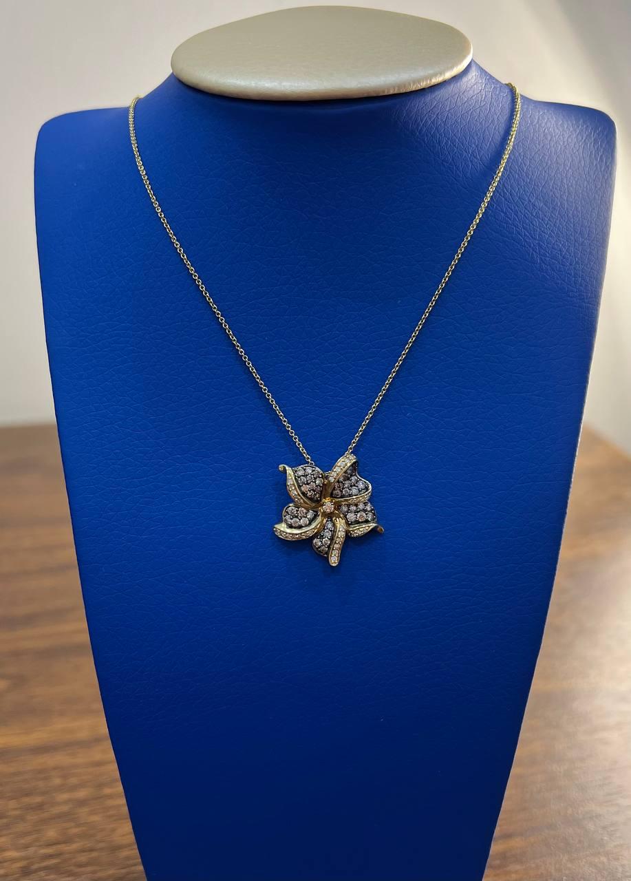 Floral Flower Lilly Champagne Cognac Diamond Pave Set 14K Gold Pendant Necklace