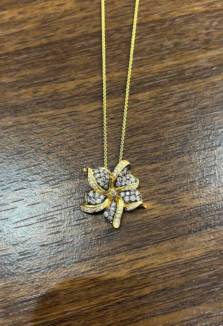 Floral Flower Lilly Champagne Cognac Diamond Pave Set 14K Gold Pendant Necklace