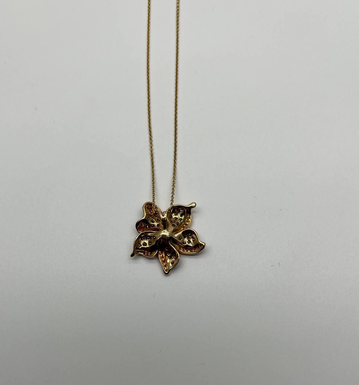 Floral Flower Lilly Champagne Cognac Diamond Pave Set 14K Gold Pendant Necklace