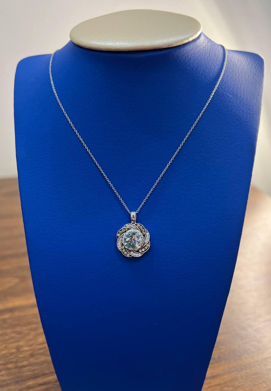 Round Shape Blue Aquamarine Champagne Diamond Halo White Gold Pendant Necklace