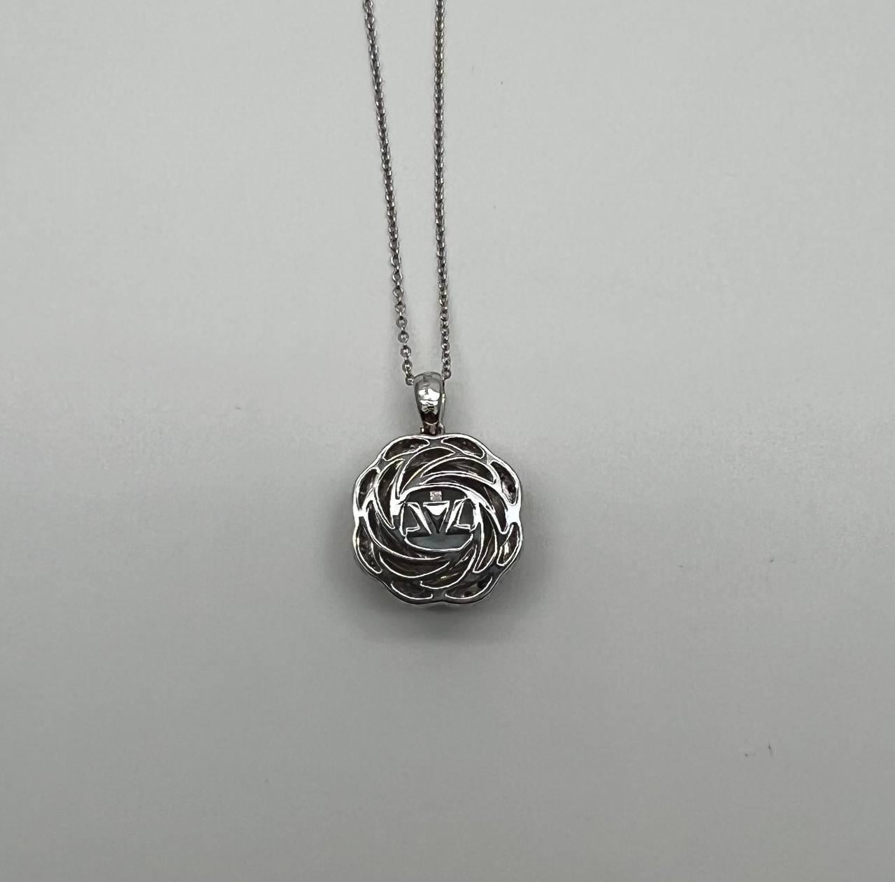 Round Shape Blue Aquamarine Champagne Diamond Halo White Gold Pendant Necklace