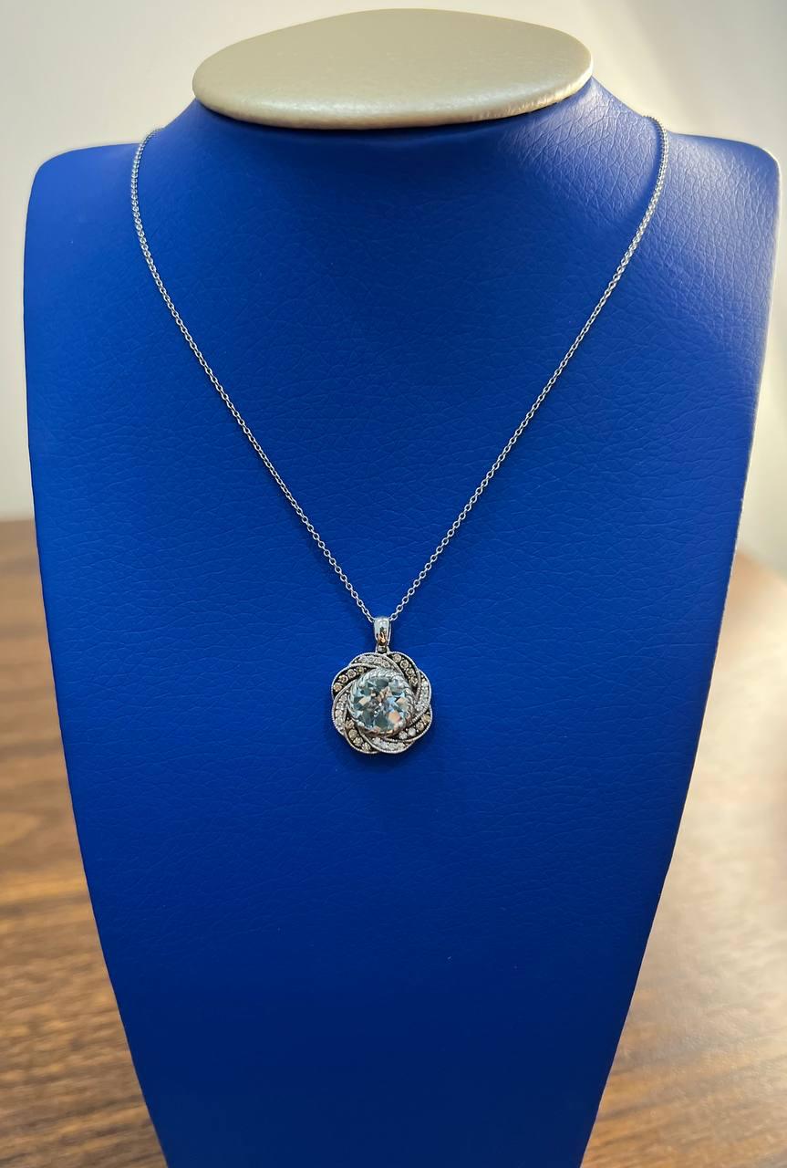 Round Shape Blue Aquamarine Champagne Diamond Halo White Gold Pendant Necklace