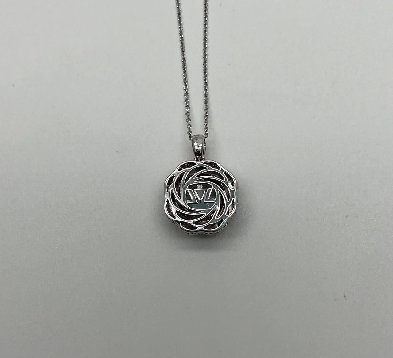 Round Shape Blue Aquamarine Champagne Diamond Halo White Gold Pendant Necklace