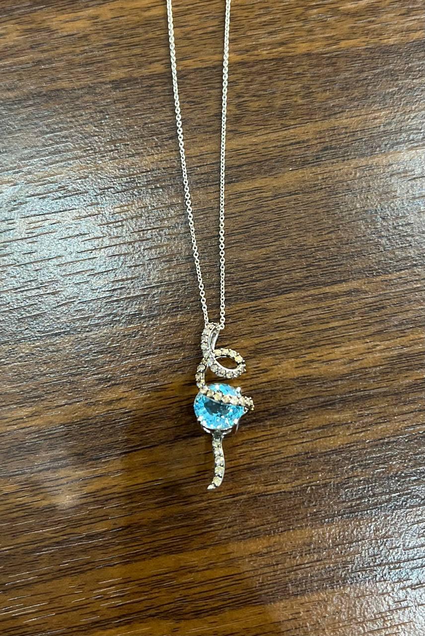 Round Blue Topaz Champagne Diamonds Halo 14K White Gold Drop Pendant Necklace