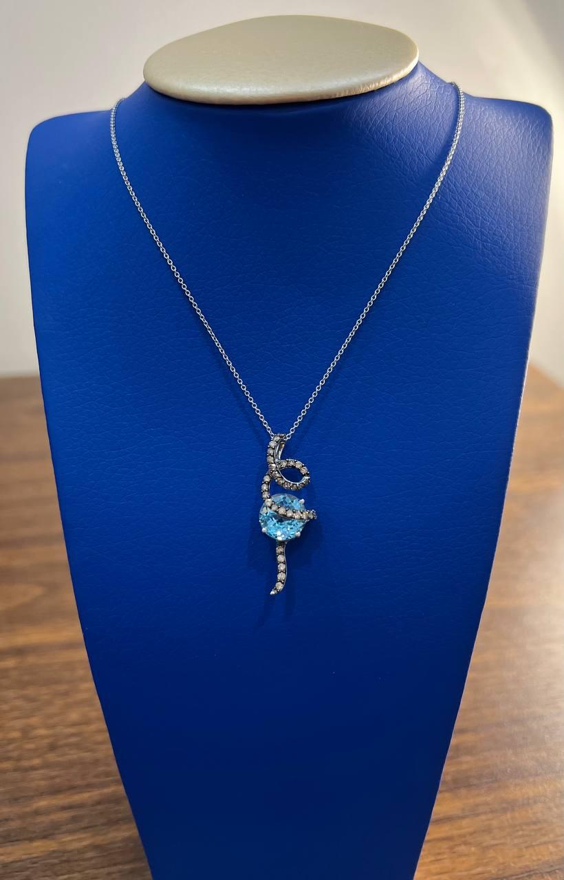 Round Blue Topaz Champagne Diamonds Halo 14K White Gold Drop Pendant Necklace