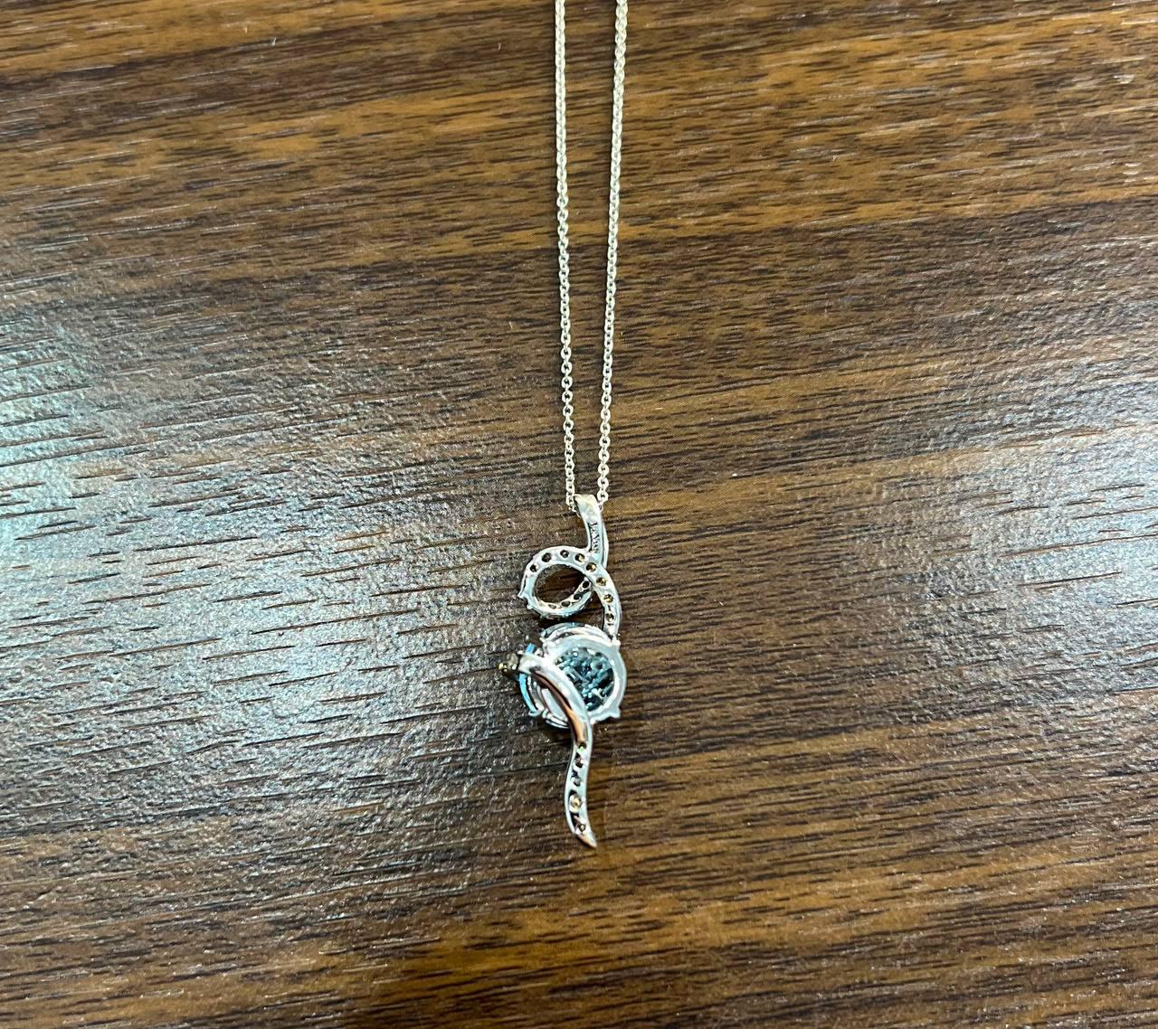 Round Blue Topaz Champagne Diamonds Halo 14K White Gold Drop Pendant Necklace