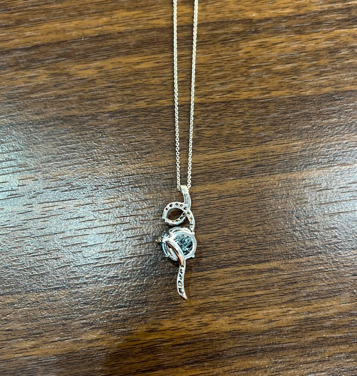 Round Blue Topaz Champagne Diamonds Halo 14K White Gold Drop Pendant Necklace