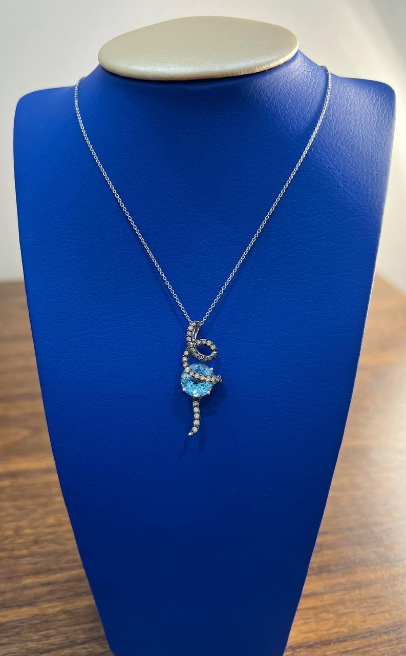 Round Blue Topaz Champagne Diamonds Halo 14K White Gold Drop Pendant Necklace