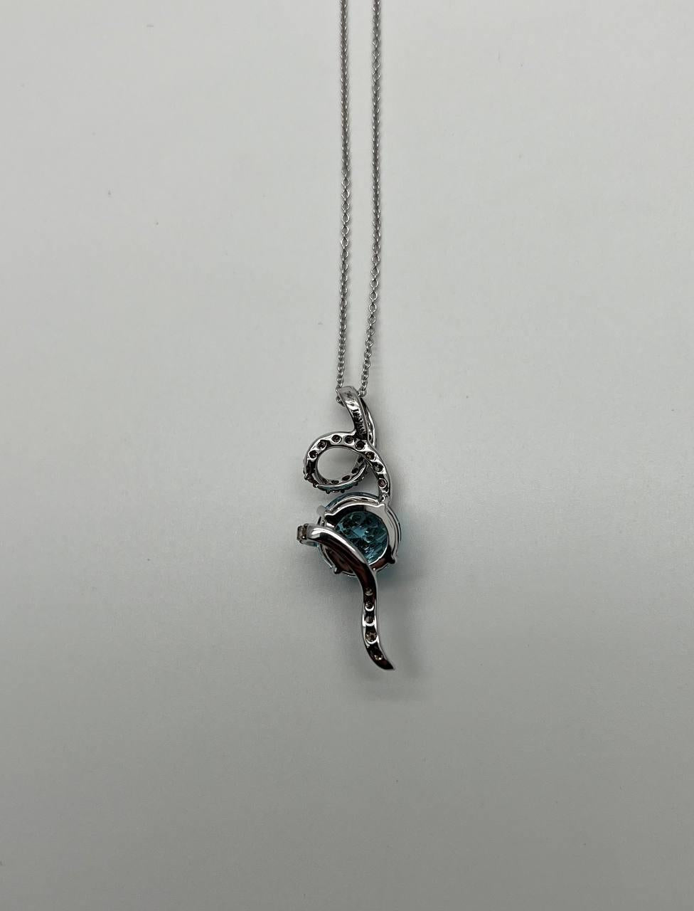 Round Blue Topaz Champagne Diamonds Halo 14K White Gold Drop Pendant Necklace