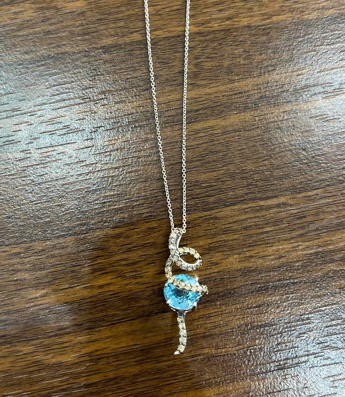 Round Blue Topaz Champagne Diamonds Halo 14K White Gold Drop Pendant Necklace