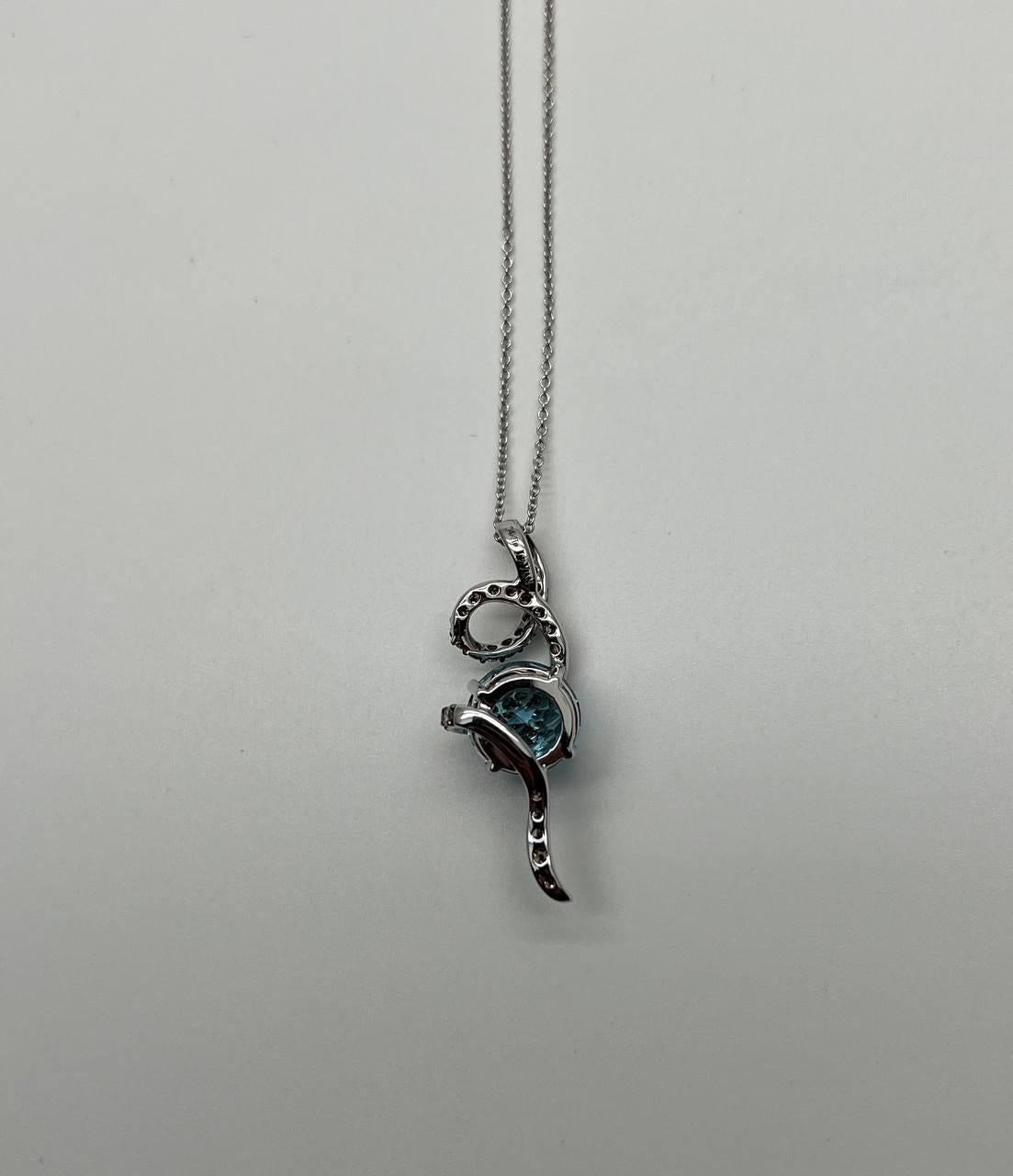 Round Blue Topaz Champagne Diamonds Halo 14K White Gold Drop Pendant Necklace