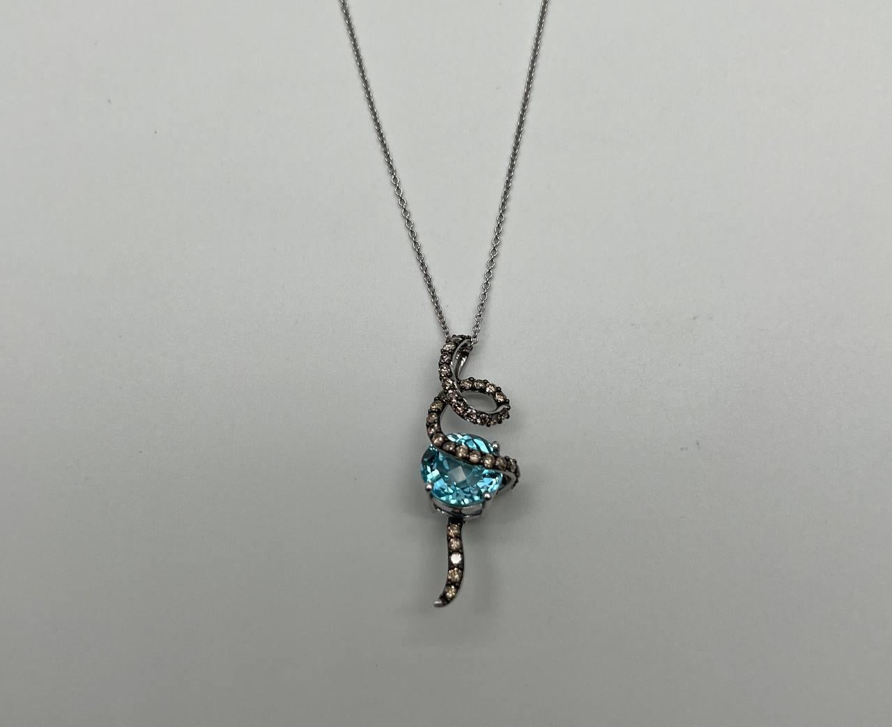 Round Blue Topaz Champagne Diamonds Halo 14K White Gold Drop Pendant Necklace