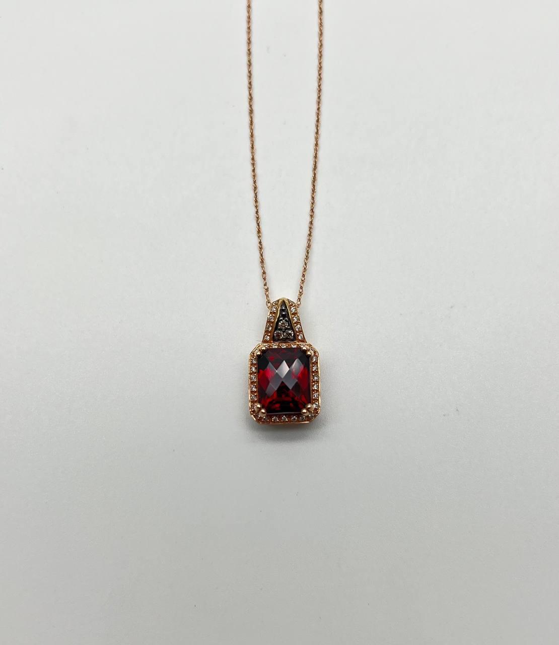 Cushion Dark Red Garnet Champagne Diamond Halo 14K Rose Gold Pendant Necklace