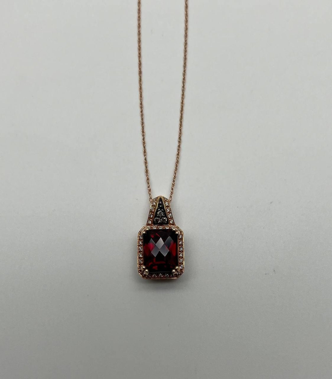 Cushion Dark Red Garnet Champagne Diamond Halo 14K Rose Gold Pendant Necklace