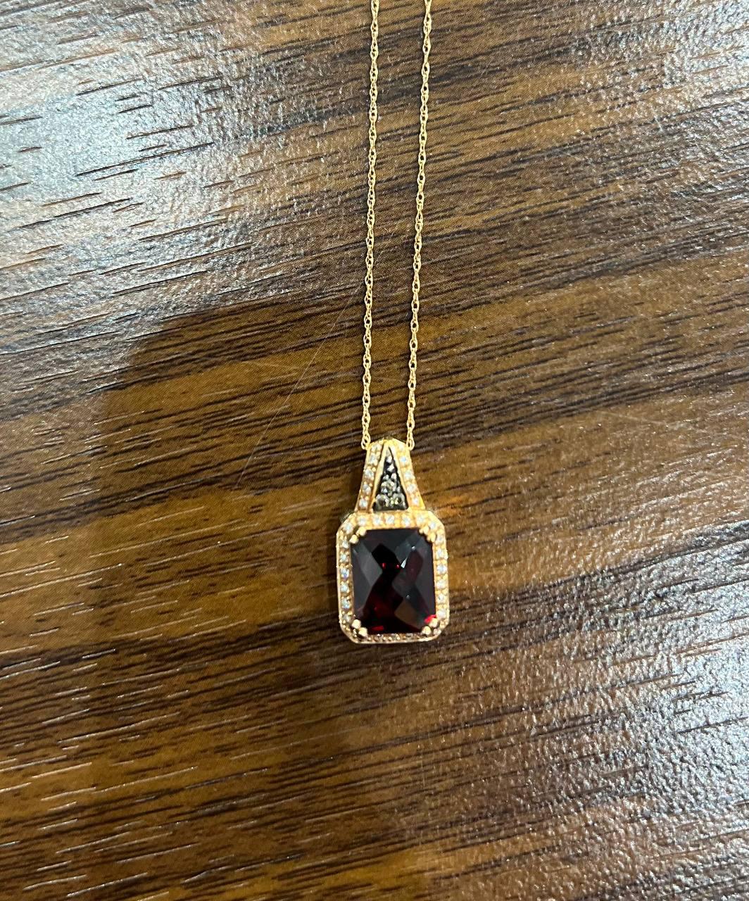 Cushion Dark Red Garnet Champagne Diamond Halo 14K Rose Gold Pendant Necklace