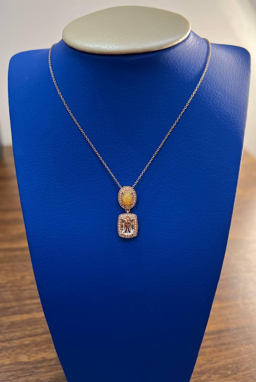 Peach Morganite Yellow White Opal White Diamond Halo Rose Gold Pendant Necklace