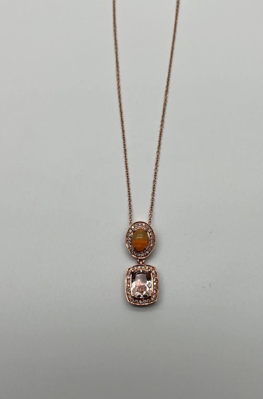 Peach Morganite Yellow White Opal White Diamond Halo Rose Gold Pendant Necklace