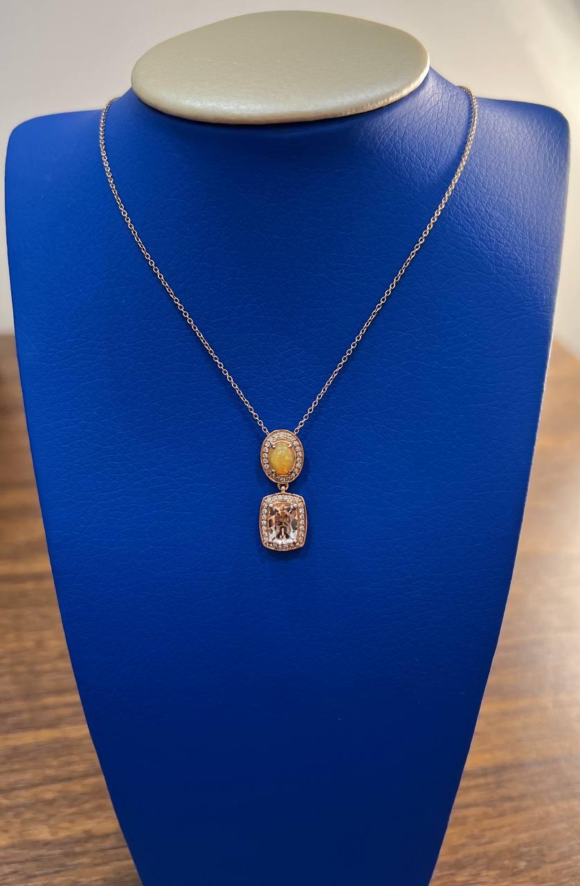 Peach Morganite Yellow White Opal White Diamond Halo Rose Gold Pendant Necklace