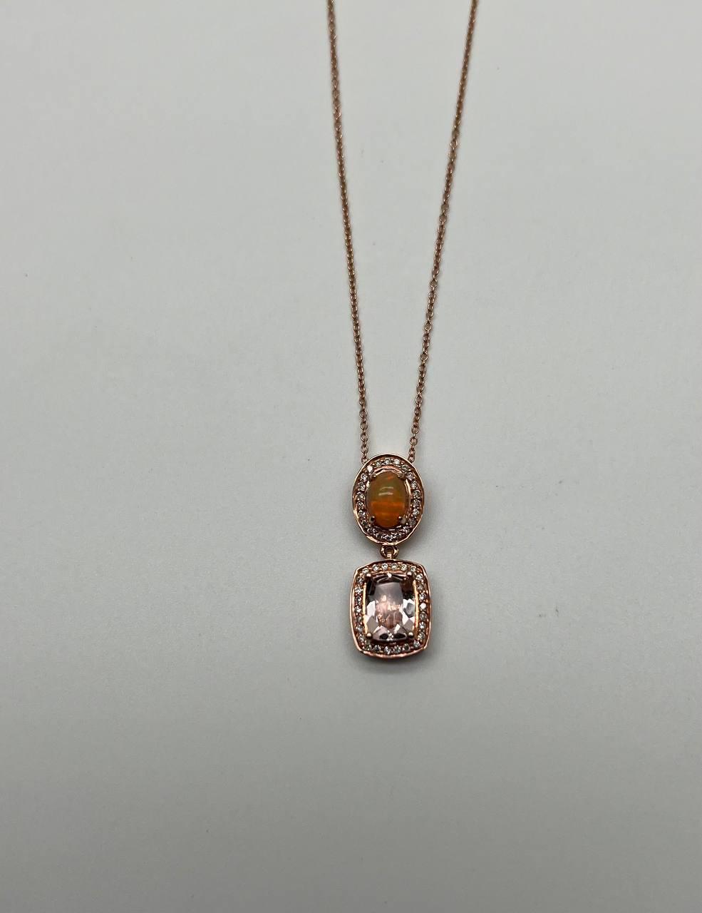 Peach Morganite Yellow White Opal White Diamond Halo Rose Gold Pendant Necklace