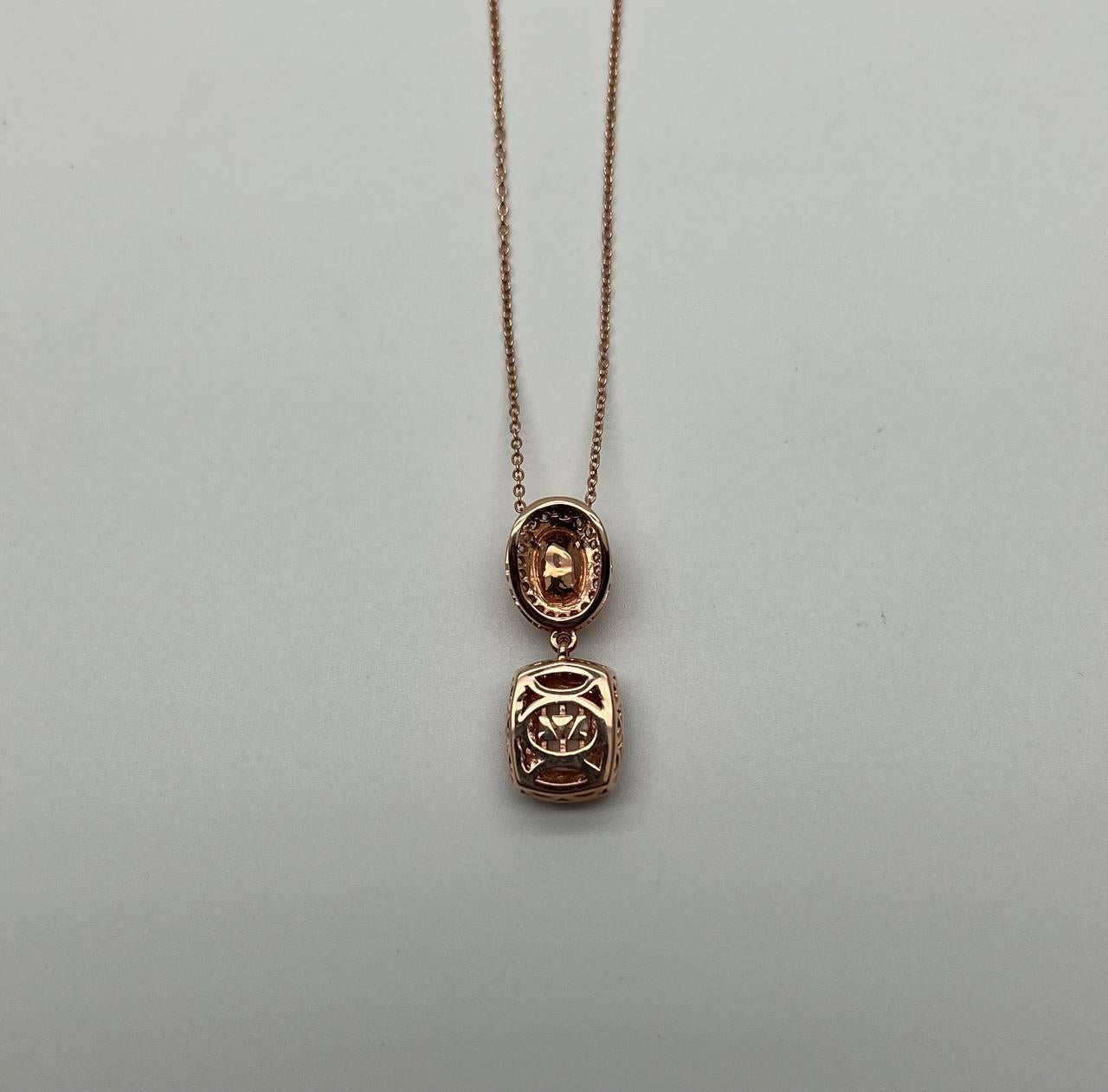 Peach Morganite Yellow White Opal White Diamond Halo Rose Gold Pendant Necklace