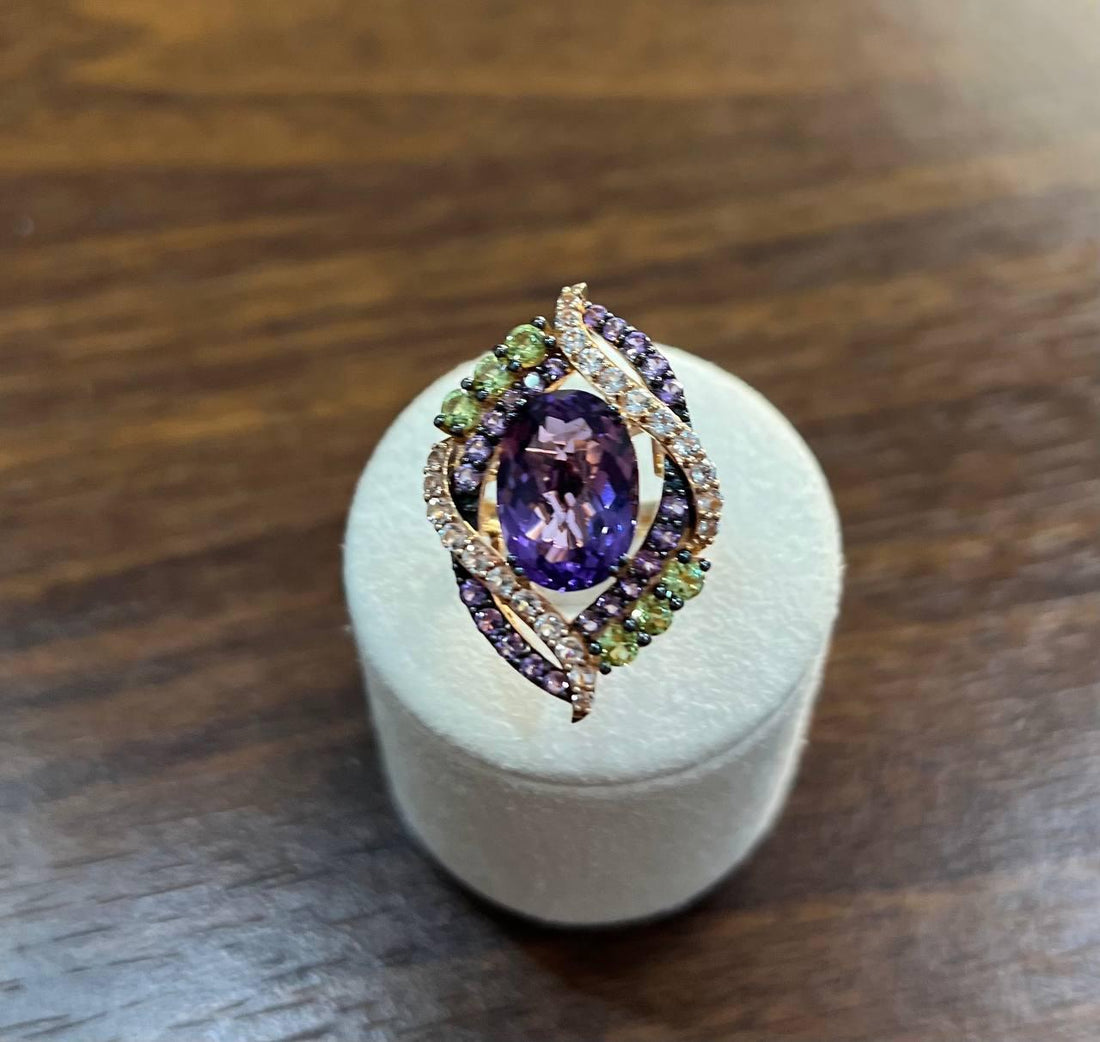 Oval Amethyst Stone Purple Green and White Stone Halo Ring Pendant Necklace Set