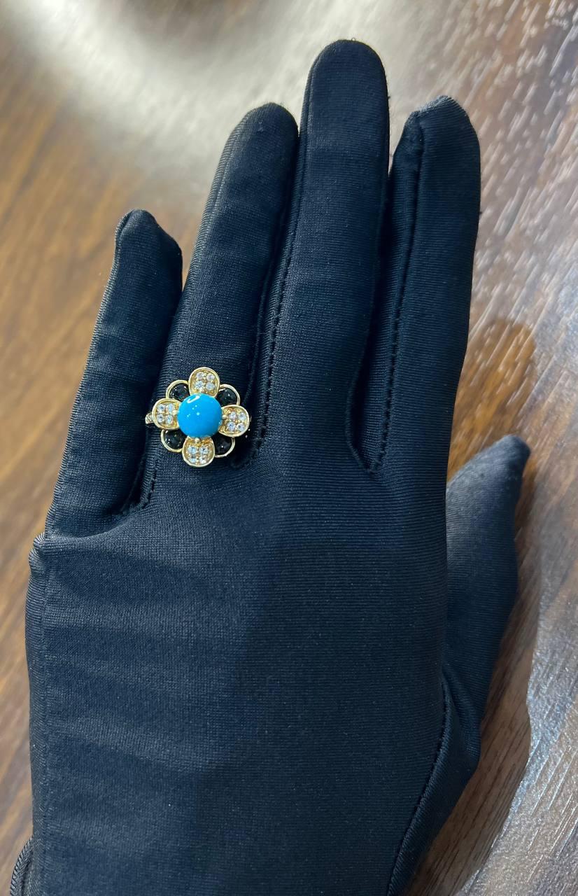 Blue Turquoise Black Onyx White Diamonds Pave Set 14K Yellow Gold Flower Ring