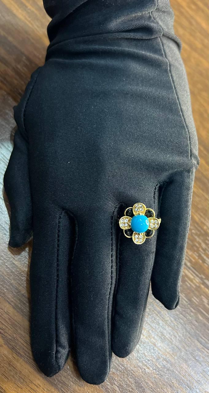 Blue Turquoise Black Onyx White Diamonds Pave Set 14K Yellow Gold Flower Ring
