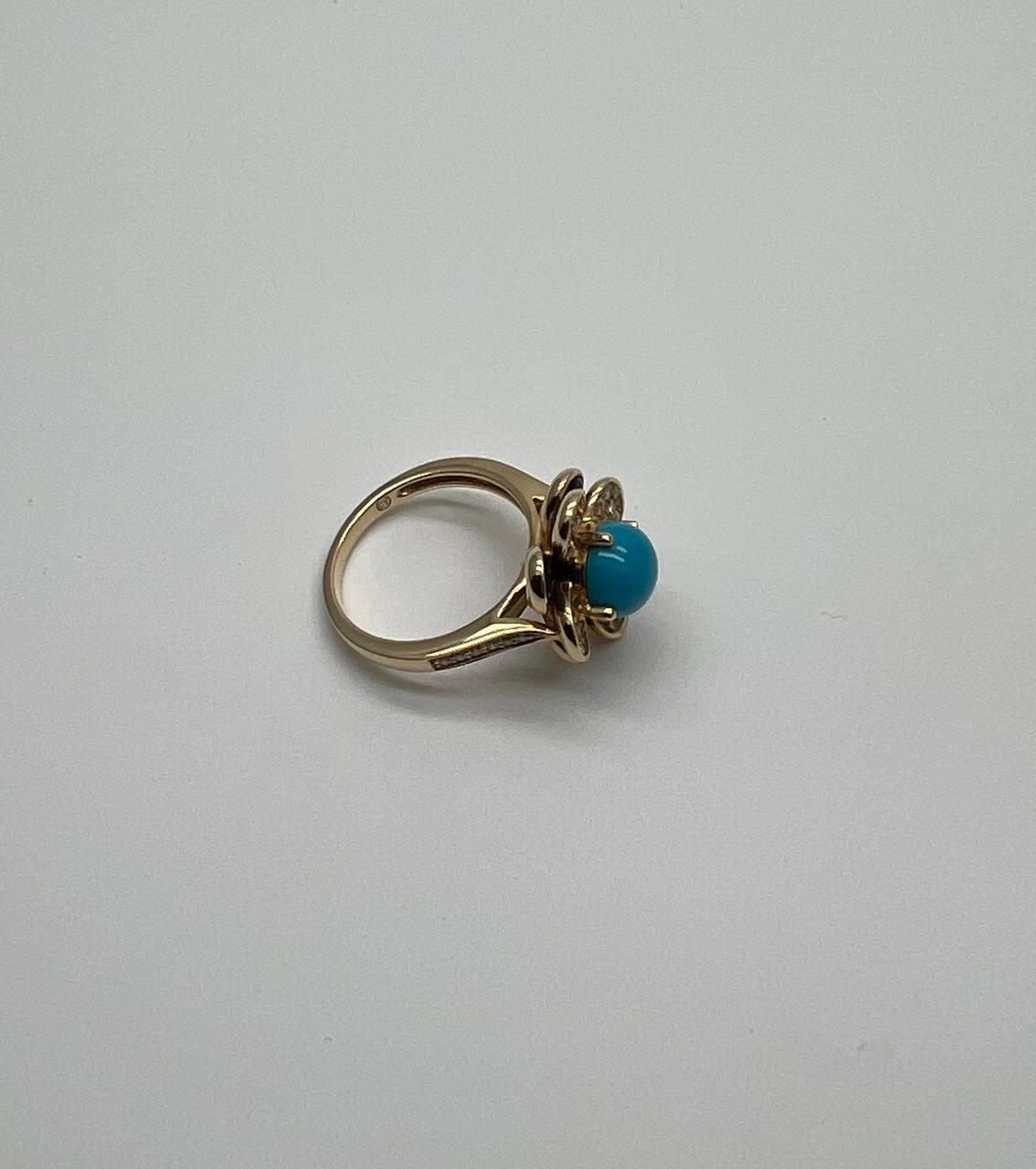 Blue Turquoise Black Onyx White Diamonds Pave Set 14K Yellow Gold Flower Ring