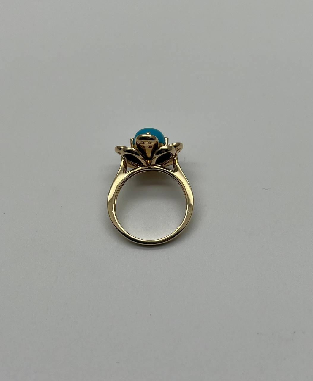 Blue Turquoise Black Onyx White Diamonds Pave Set 14K Yellow Gold Flower Ring