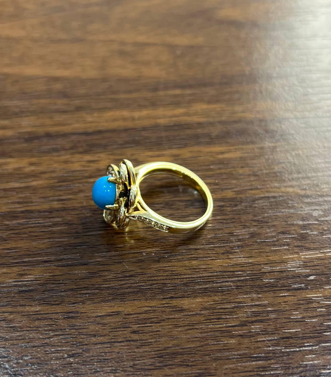 Blue Turquoise Black Onyx White Diamonds Pave Set 14K Yellow Gold Flower Ring