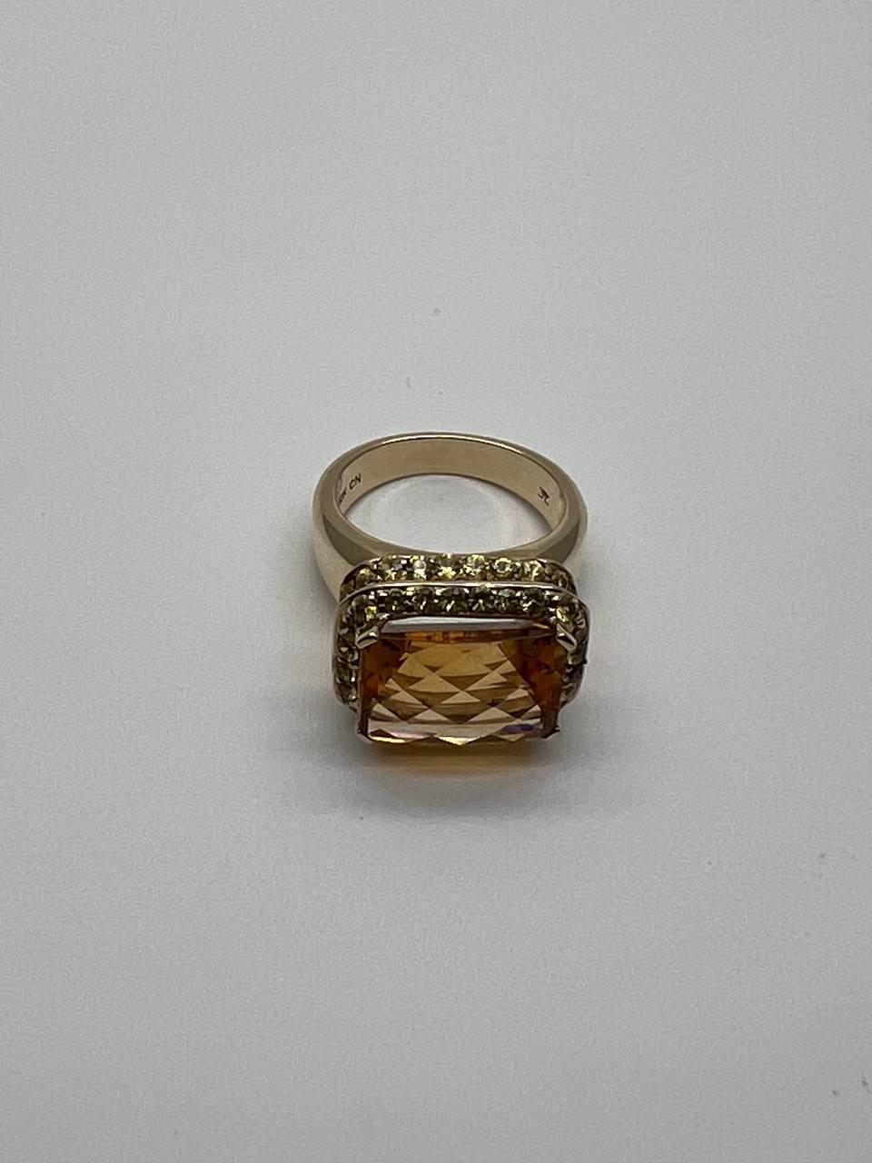 Amber Orange Citrine Yellow Champagne Diamond Halo Pave Set 10K Yellow Gold Ring