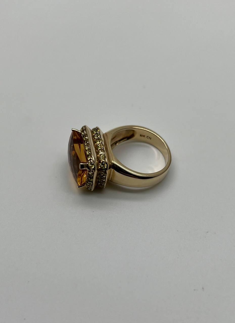 Amber Orange Citrine Yellow Champagne Diamond Halo Pave Set 10K Yellow Gold Ring