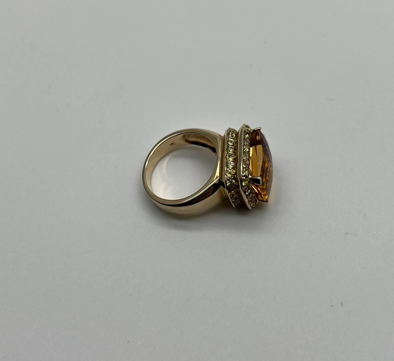 Amber Orange Citrine Yellow Champagne Diamond Halo Pave Set 10K Yellow Gold Ring