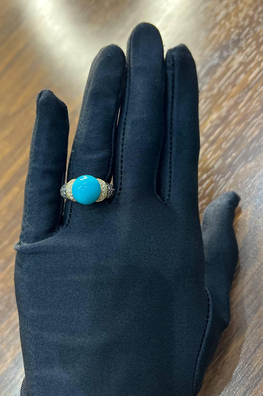 Teal Blue Turquoise Champagne Diamond Pave Set 14K Yellow Gold Statement Ring