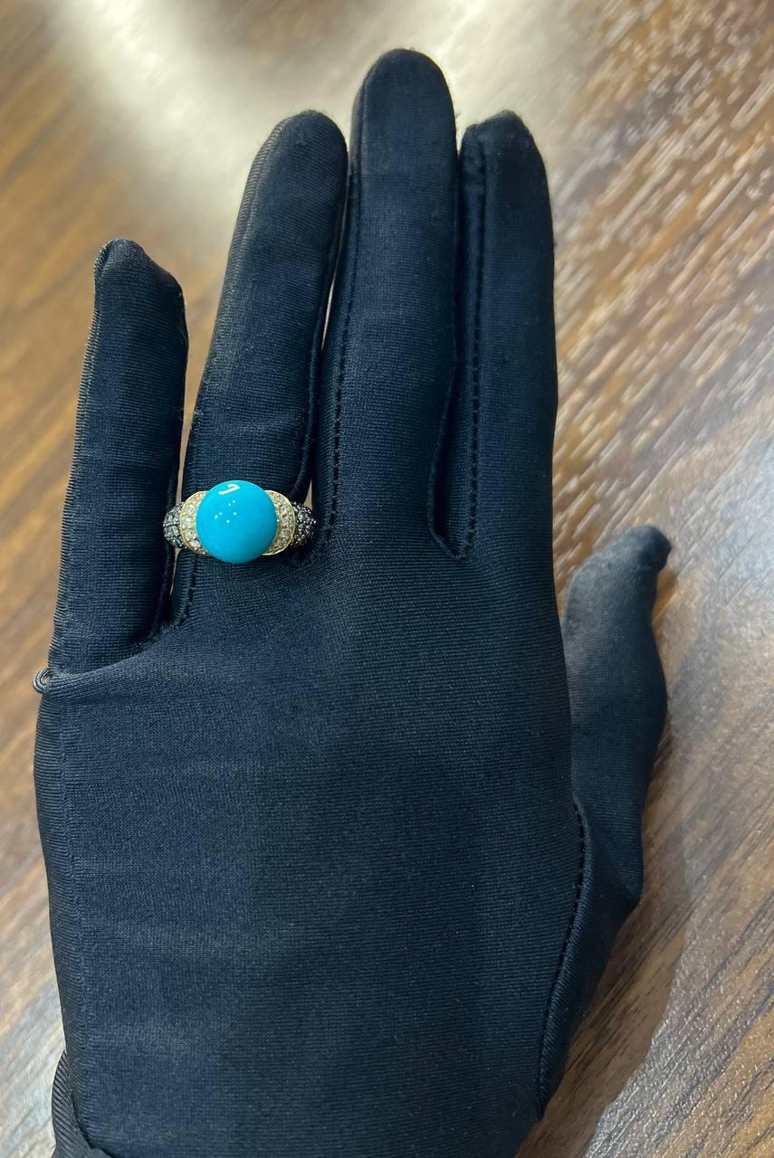Teal Blue Turquoise Champagne Diamond Pave Set 14K Yellow Gold Statement Ring