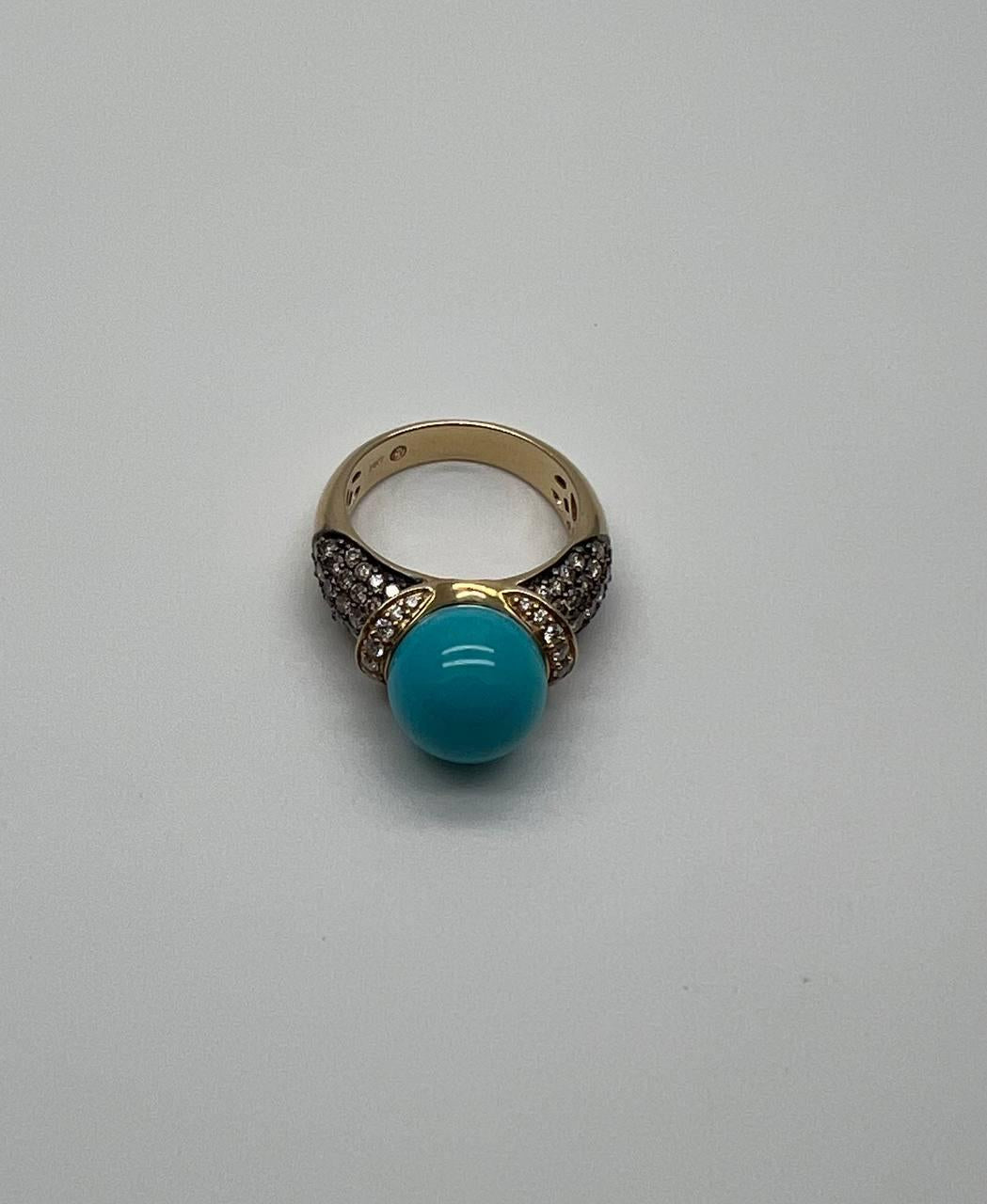 Teal Blue Turquoise Champagne Diamond Pave Set 14K Yellow Gold Statement Ring